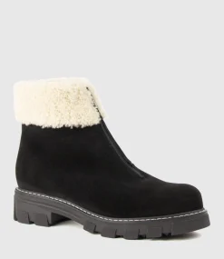 Abban Front Zip Boot With Shearling In Black Suede