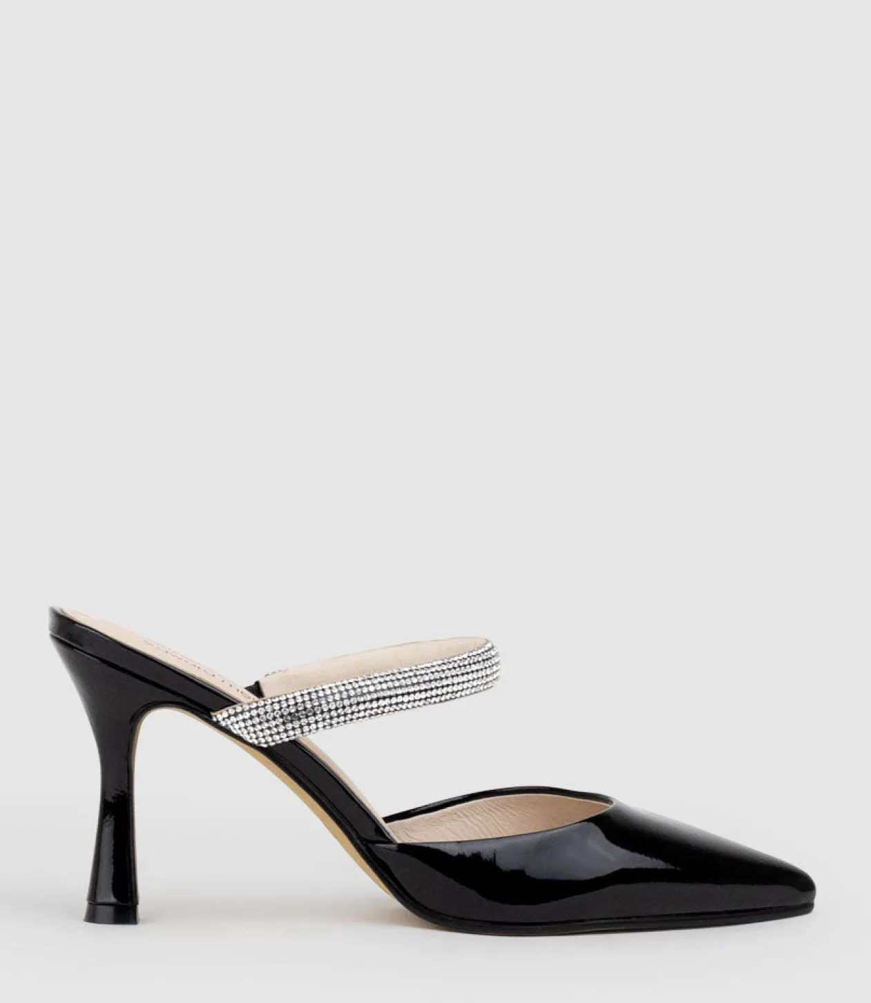 Alexa85 Closed Toe Slide With Diamante Band In Black Patent