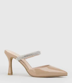 Alexa85 Closed Toe Slide With Diamante Band In Nude Patent
