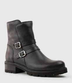 Carly Double Buckle Biker Boot In Black