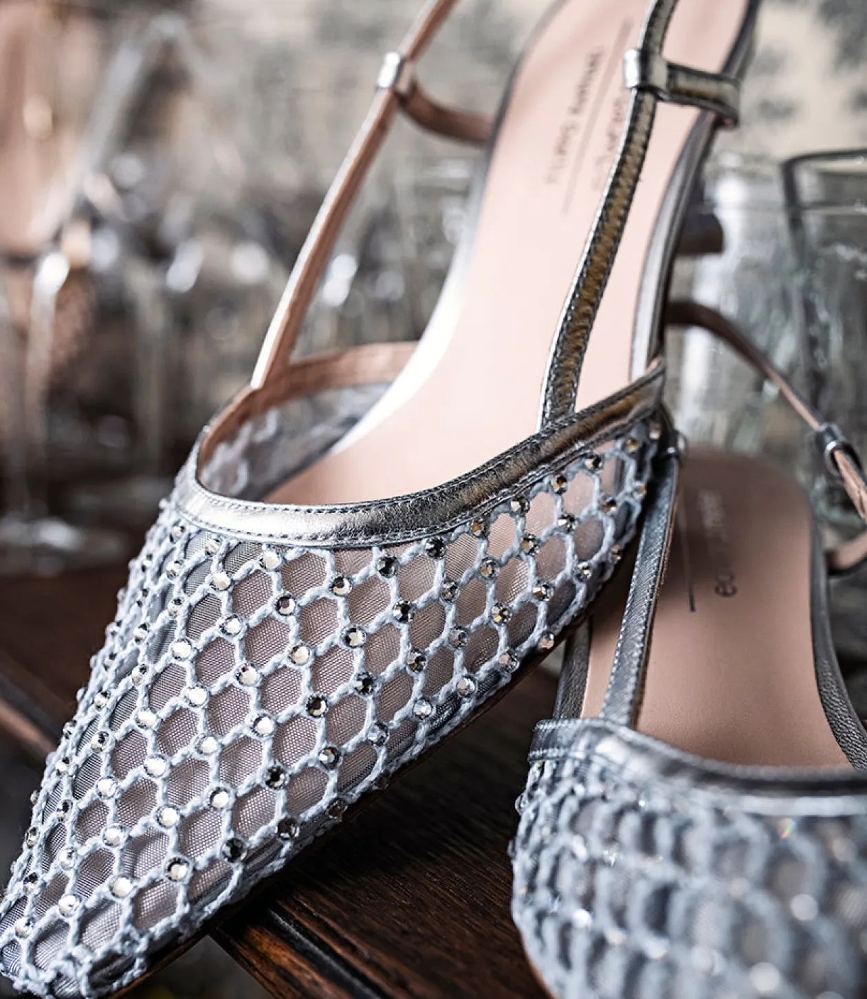 Destellar60 Crystal Mesh Slingback In Silver