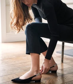 Ebony Flat Slingback With Diamond Band In Black Suede