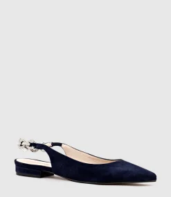 Ebony Flat Slingback With Diamond Band In Navy Suede