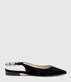 Ebony Flat Slingback With Diamond Band In Black Suede