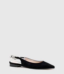 Ebony Flat Slingback With Diamond Band In Black Suede