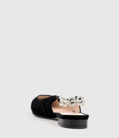 Ebony Flat Slingback With Diamond Band In Black Suede