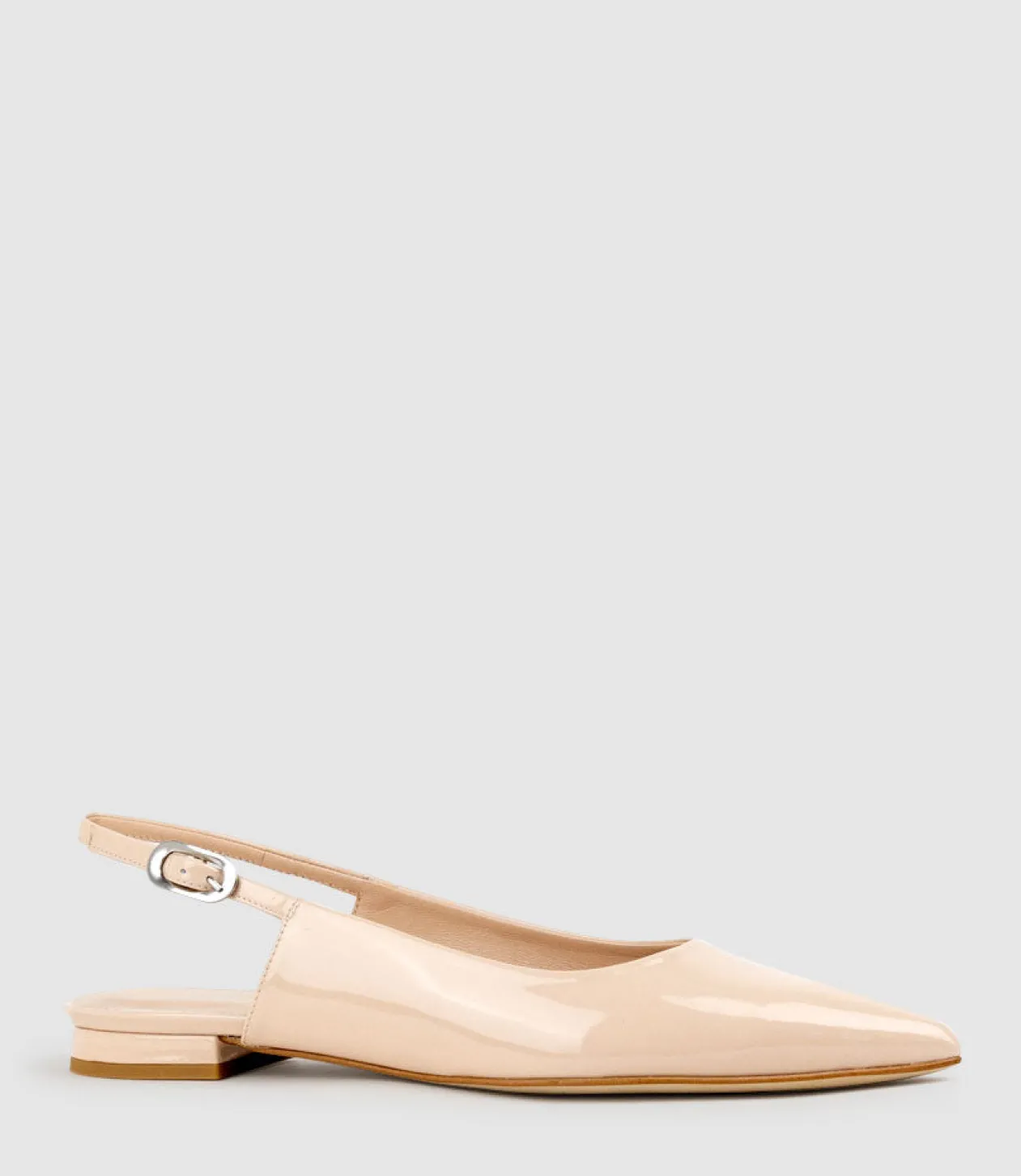 Elise Flat Closed Toe Sling In Nude Patent