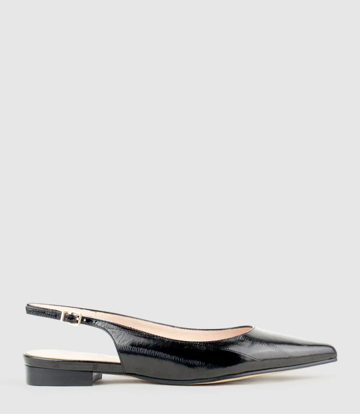 Elvan Flat Pointed Slingback In Black Eel