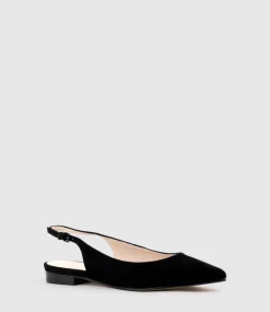Elvan Flat Pointed Slingback In Black Suede
