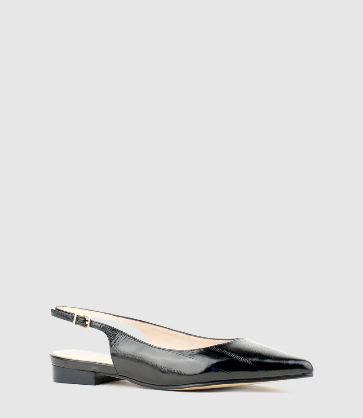 Elvan Flat Pointed Slingback In Black Eel