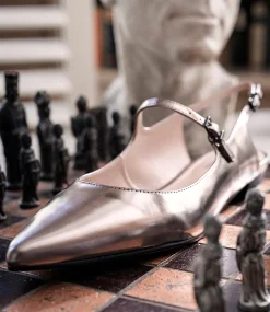 Eugenia Flat Slingback With Strap In Pewter High Shine