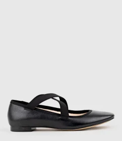 Felicity Elastic Cross Strap Ballet In Black Calf