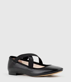 Felicity Elastic Cross Strap Ballet In Black Calf