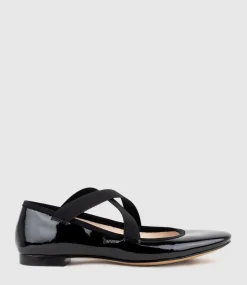 Felicity Elastic Cross Strap Ballet In Black Patent