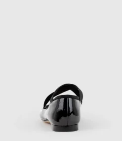 Felicity Elastic Cross Strap Ballet In Black Patent