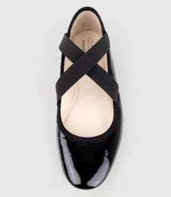 Felicity Elastic Cross Strap Ballet In Black Patent