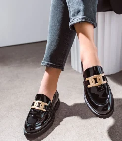 Galad Moccasin With Hardware In Black Patent