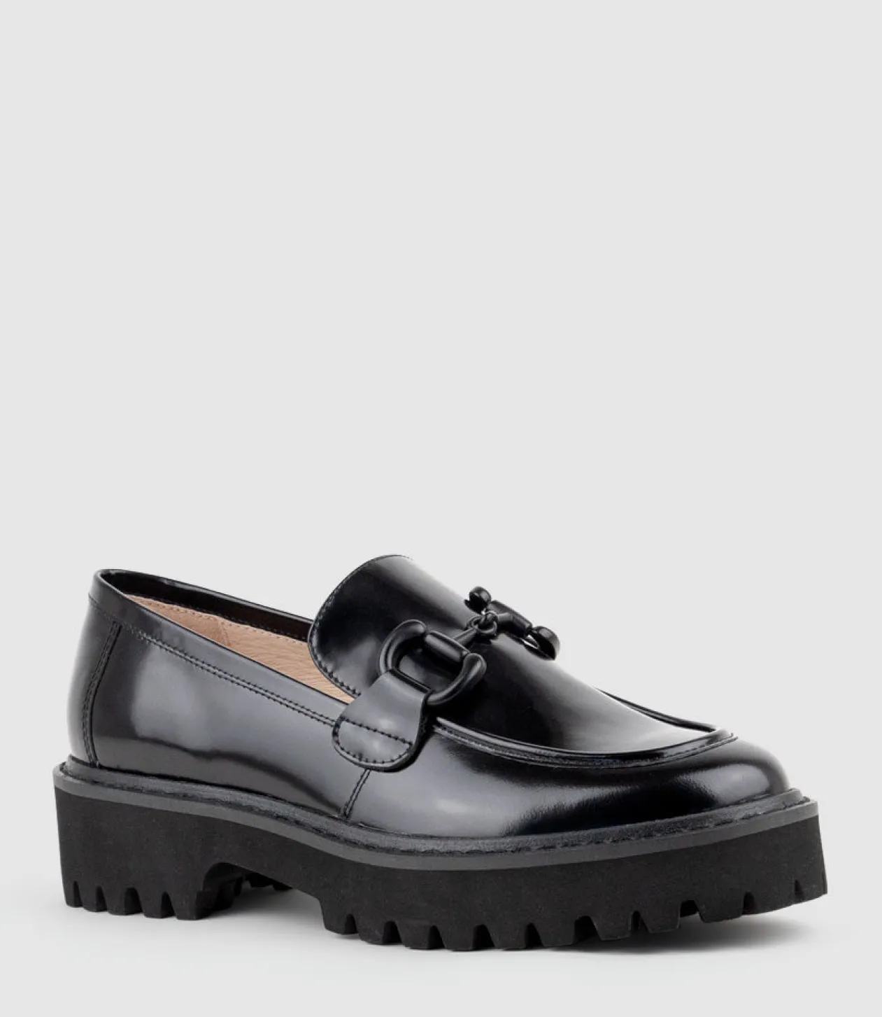 Gideon Moccasin On Chunky Sole In Black High Shine