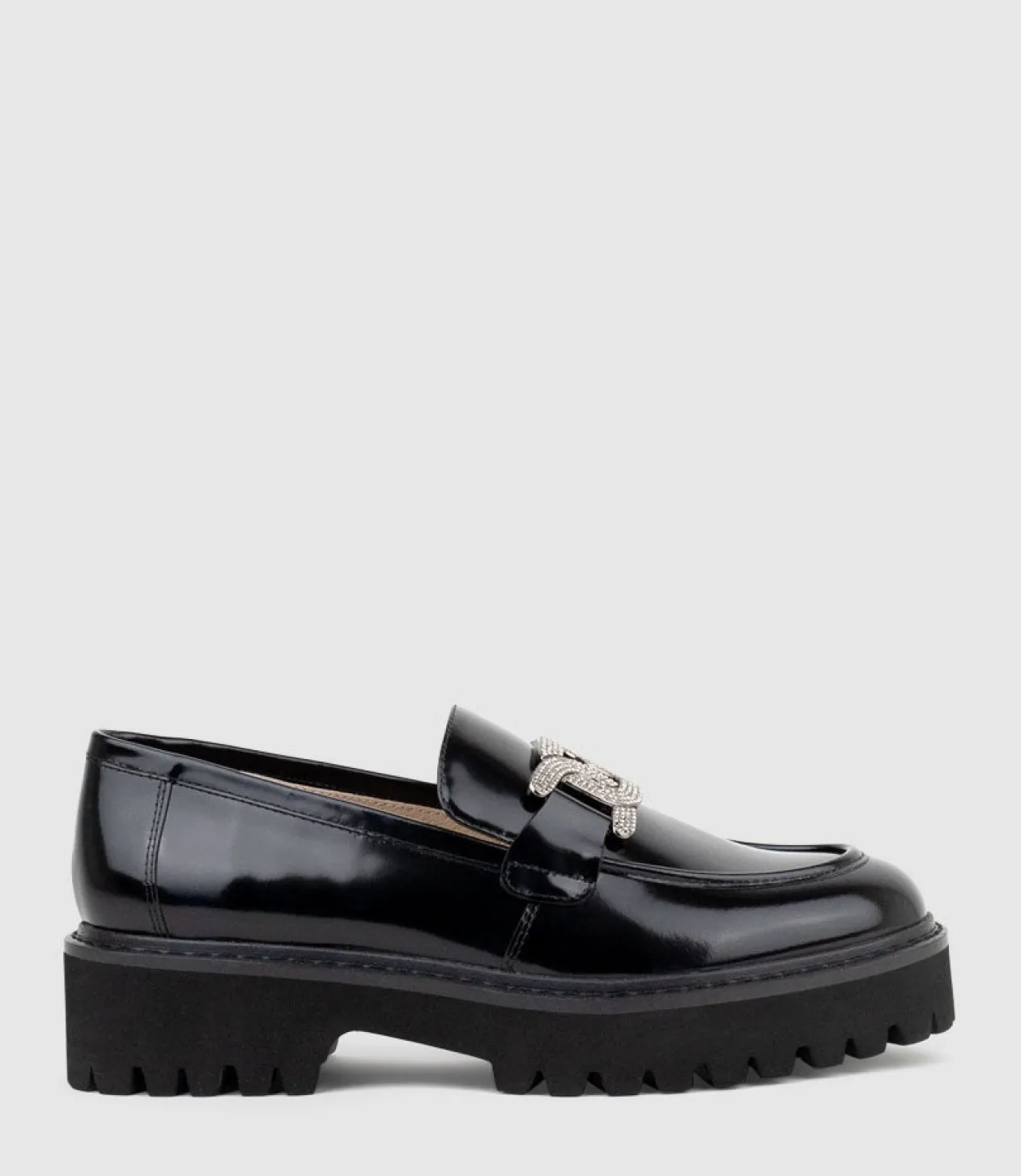 Gillie Moccasin With Crystal Trim In Black High Shine