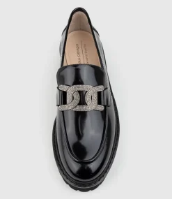 Gillie Moccasin With Crystal Trim In Black High Shine