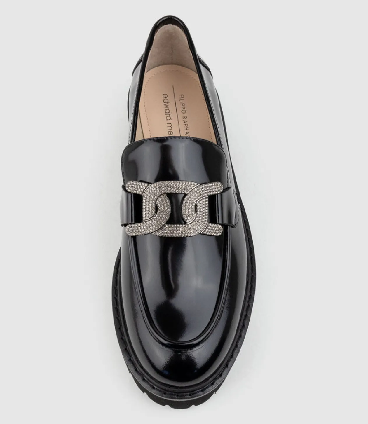 Gillie Moccasin With Crystal Trim In Black High Shine