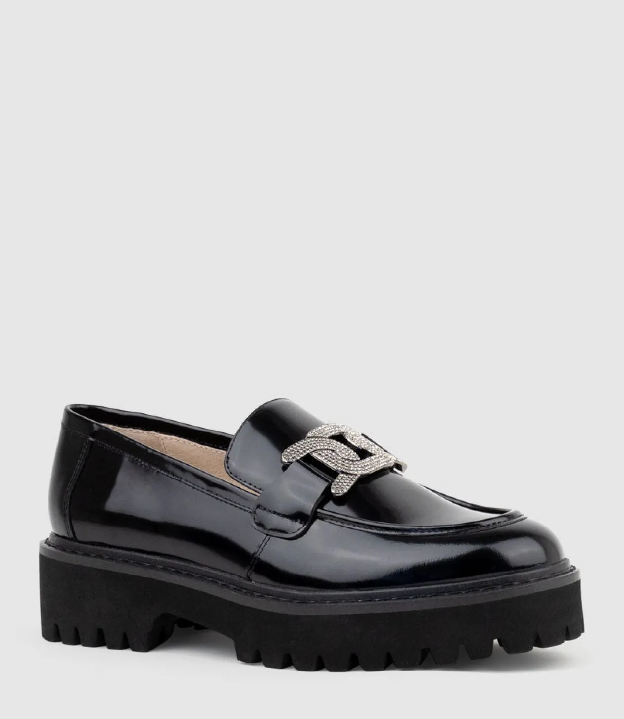 Gillie Moccasin With Crystal Trim In Black High Shine