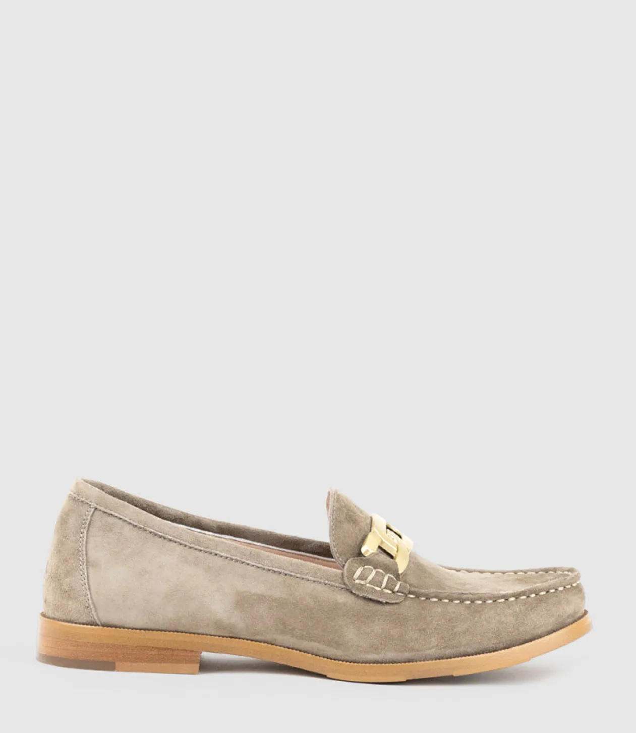 Hinge Penny Loafer With Trim In Latte Suede