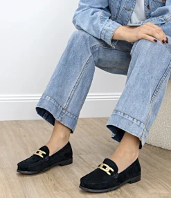 Hinge Penny Loafer With Trim In Black Suede