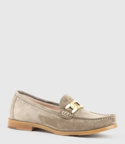 Hinge Penny Loafer With Trim In Latte Suede