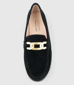 Hinge Penny Loafer With Trim In Black Suede