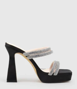 Isla110 Diamante Mulitband Platform Slide In Black Satin