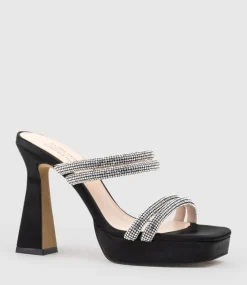 Isla110 Diamante Mulitband Platform Slide In Black Satin