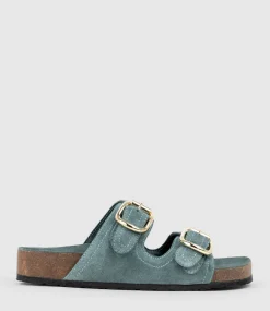 Kori Two Strap Slide On Footbed In Green Suede