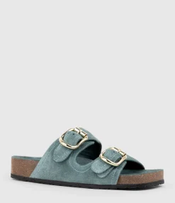 Kori Two Strap Slide On Footbed In Green Suede