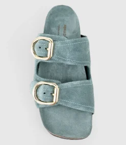 Kori Two Strap Slide On Footbed In Green Suede