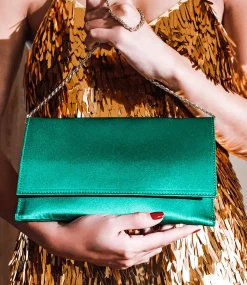 Neve Envelope Clutch In Green Satin