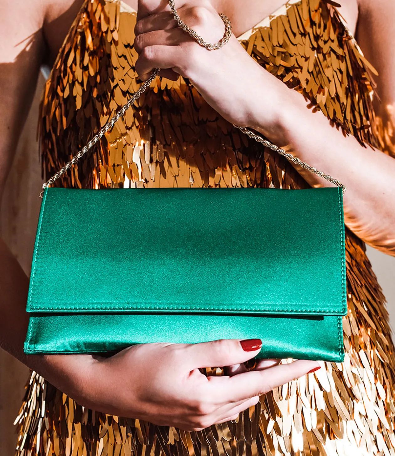 Neve Envelope Clutch In Green Satin