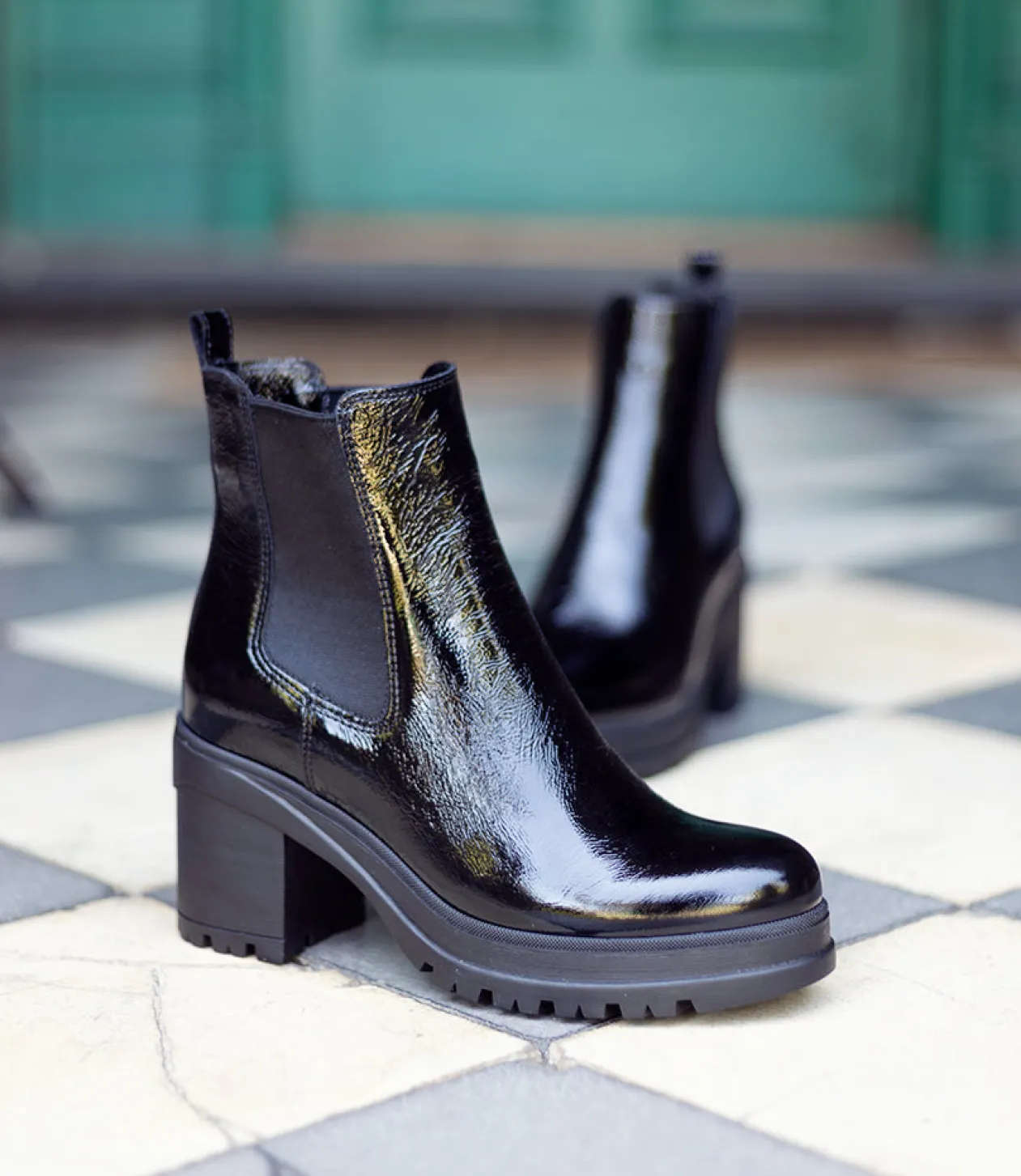 Paxton Chukka Boot On Rubber Heel In Black Patent