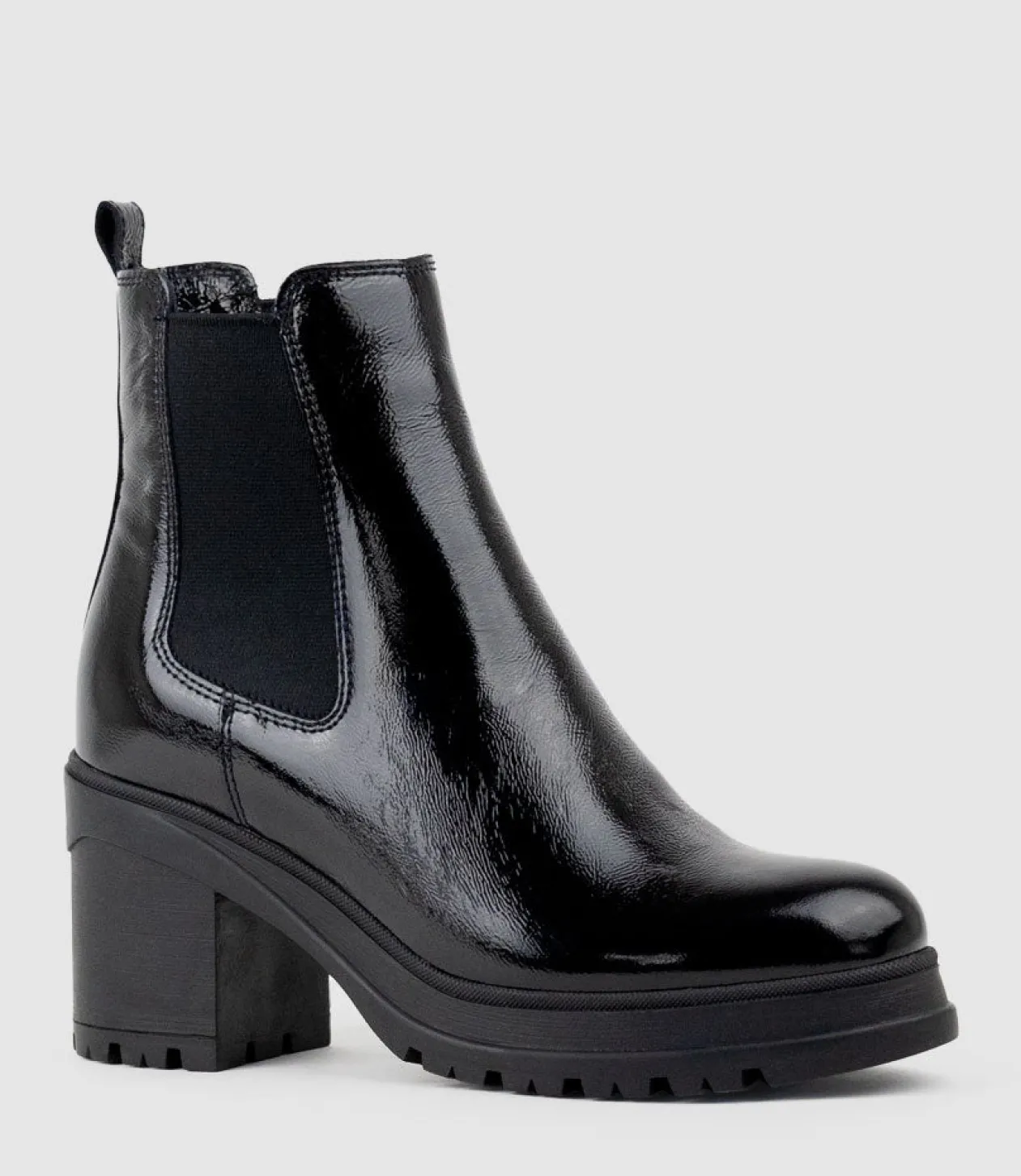 Paxton Chukka Boot On Rubber Heel In Black Patent