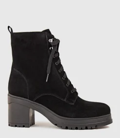 Prunella Lace Up On Rubber Heel In Black Suede