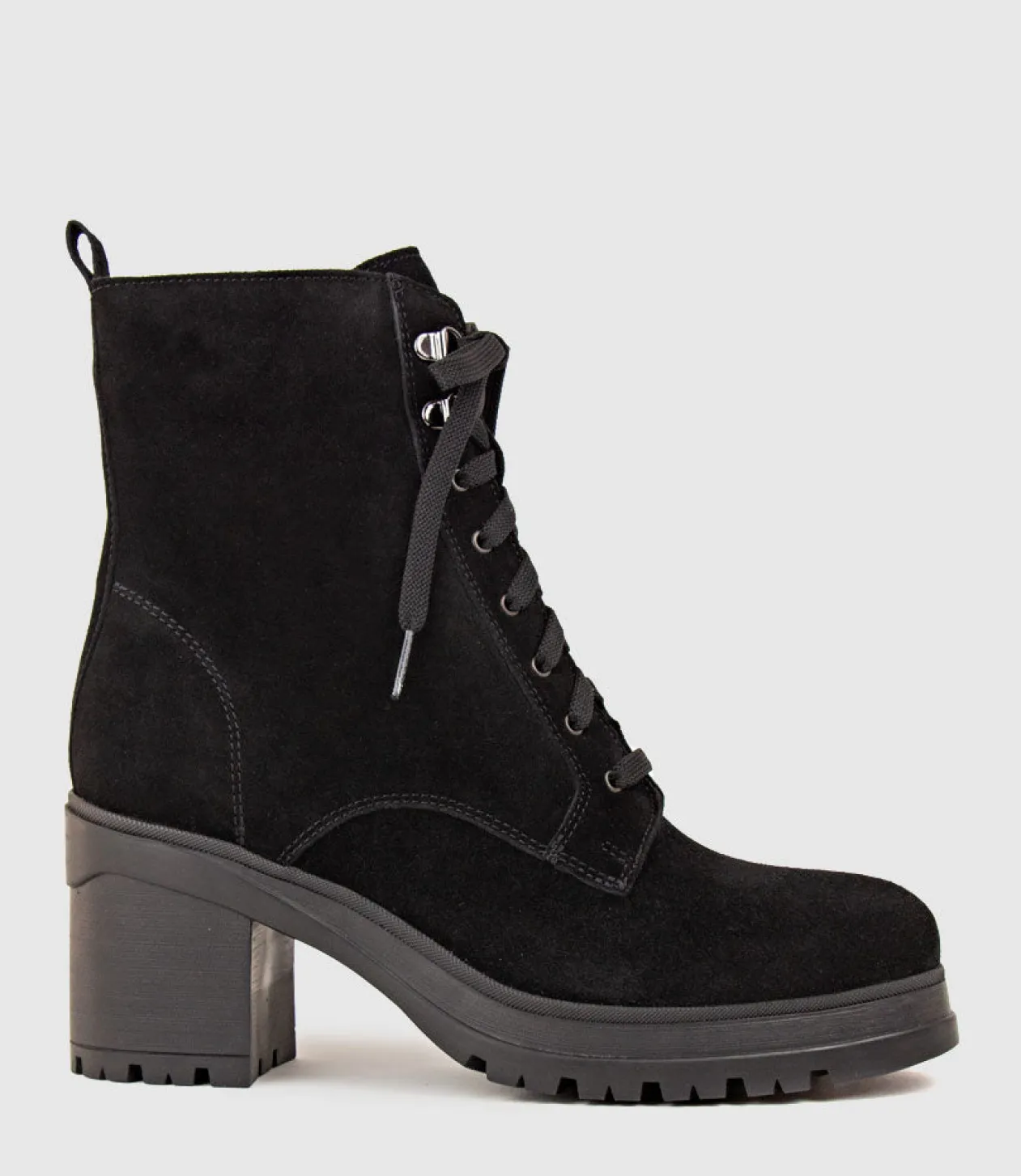 Prunella Lace Up On Rubber Heel In Black Suede