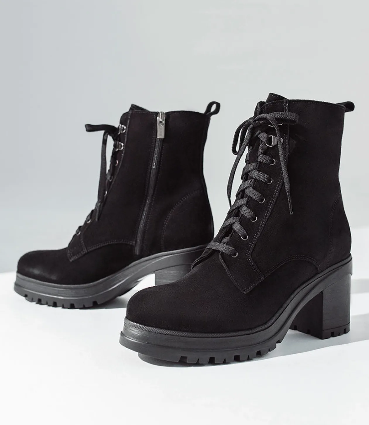 Prunella Lace Up On Rubber Heel In Black Suede