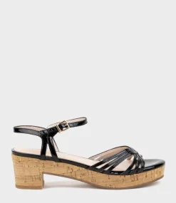 Rania50 Multistrap Sandal On Cork Unit In Black Patent