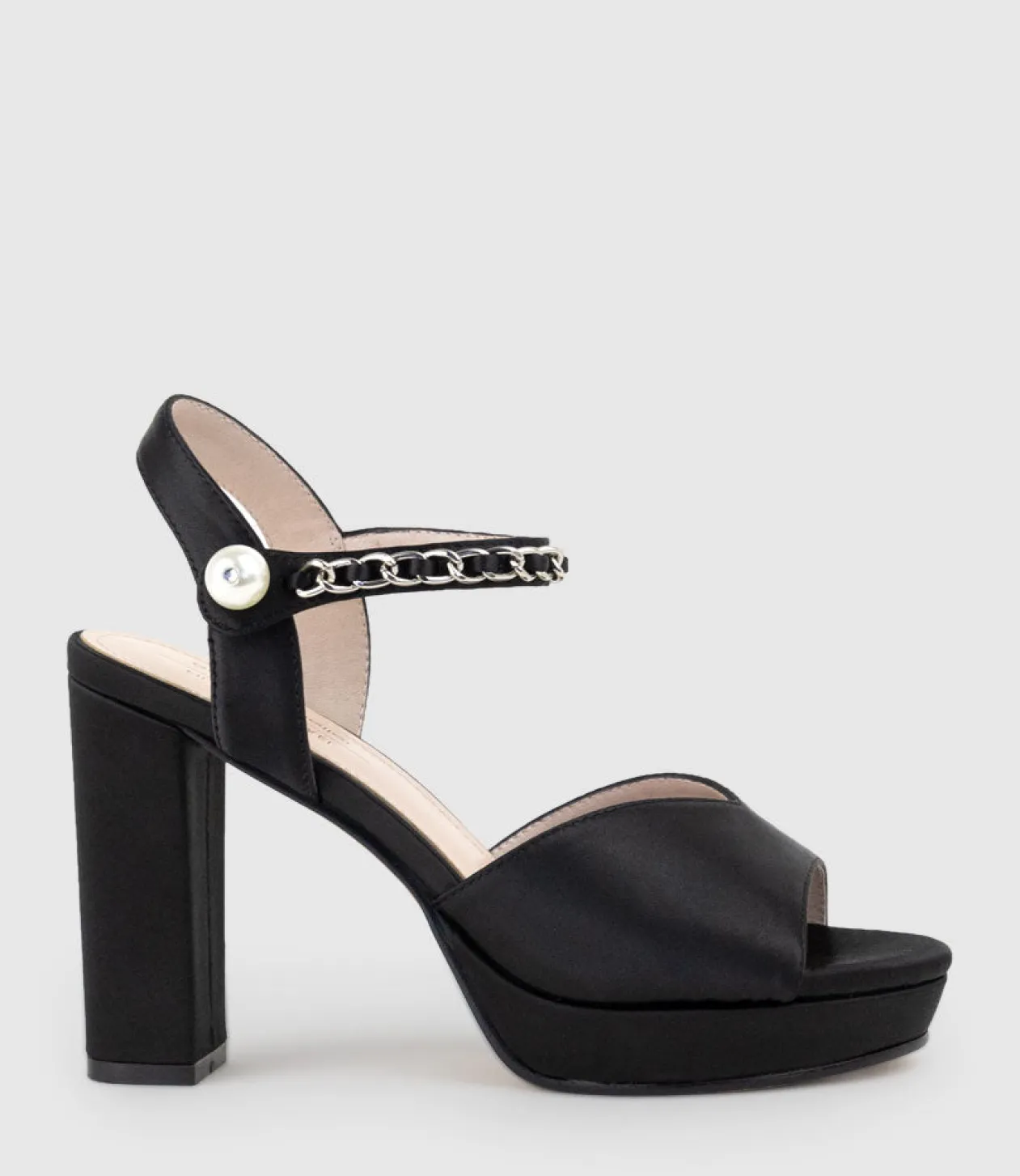 Regan100 Platform Sandal With Chain In Black Satin