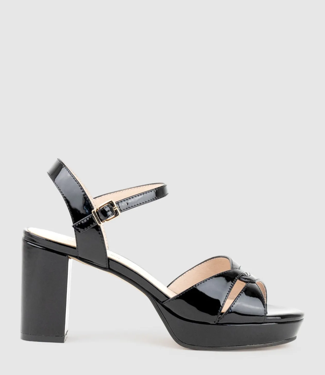 Regent80 Interlocked Detail Platform Sandal In Black Patent