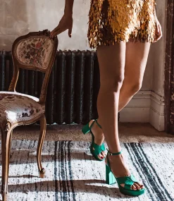 Rosalia100 Stitched Detail Platform Sandal In Green Satin
