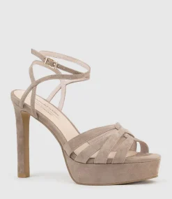 Syren110 Ankle Wrap Platform Sandal In Nude Suede