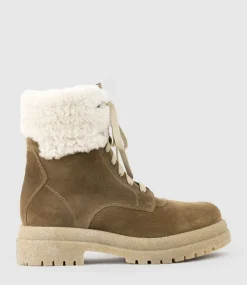 Victor Shearling Collar Lace Up Boot In Walnut Suede