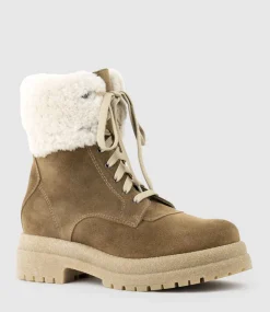 Victor Shearling Collar Lace Up Boot In Walnut Suede