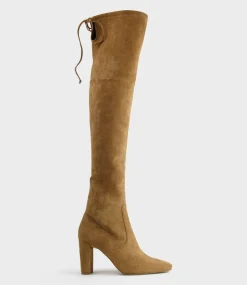 Vixen90 Block Heel Otk Stretch Boot In Tawny Suede